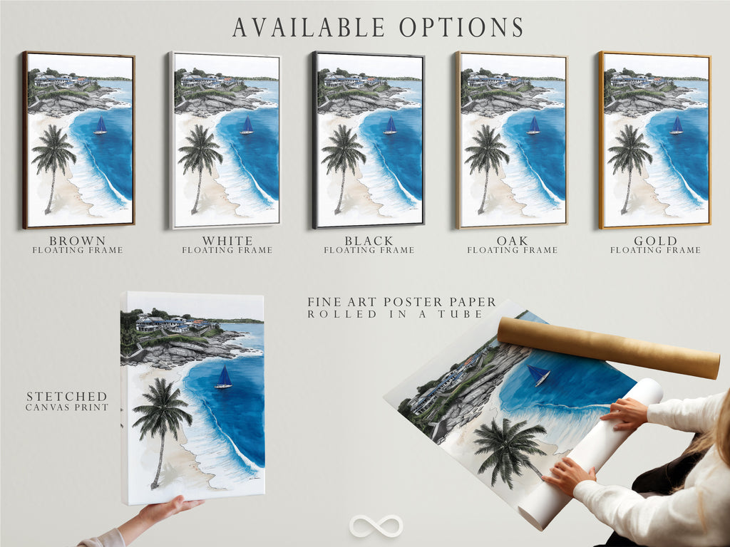 Available options for this coastal beach artwork include a stretched canvas print fine art poster paper and floating frame. Choose your perfect tropical ocean artwork. The sailboat print is ideal for beach house decor. Enjoy sea view art your way.