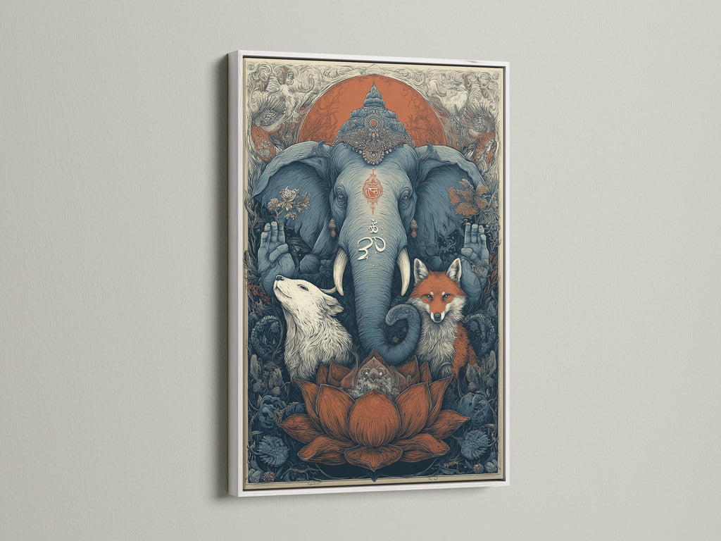 Bohemian meditation room decor with a white frame. The spiritual elephant wolf and fox canvas wall art includes an Om symbol. Ideal for spiritual home decor and zen wall art. This sacred animals art print enhances living rooms bedrooms and yoga studios. Animal spirit art is here.