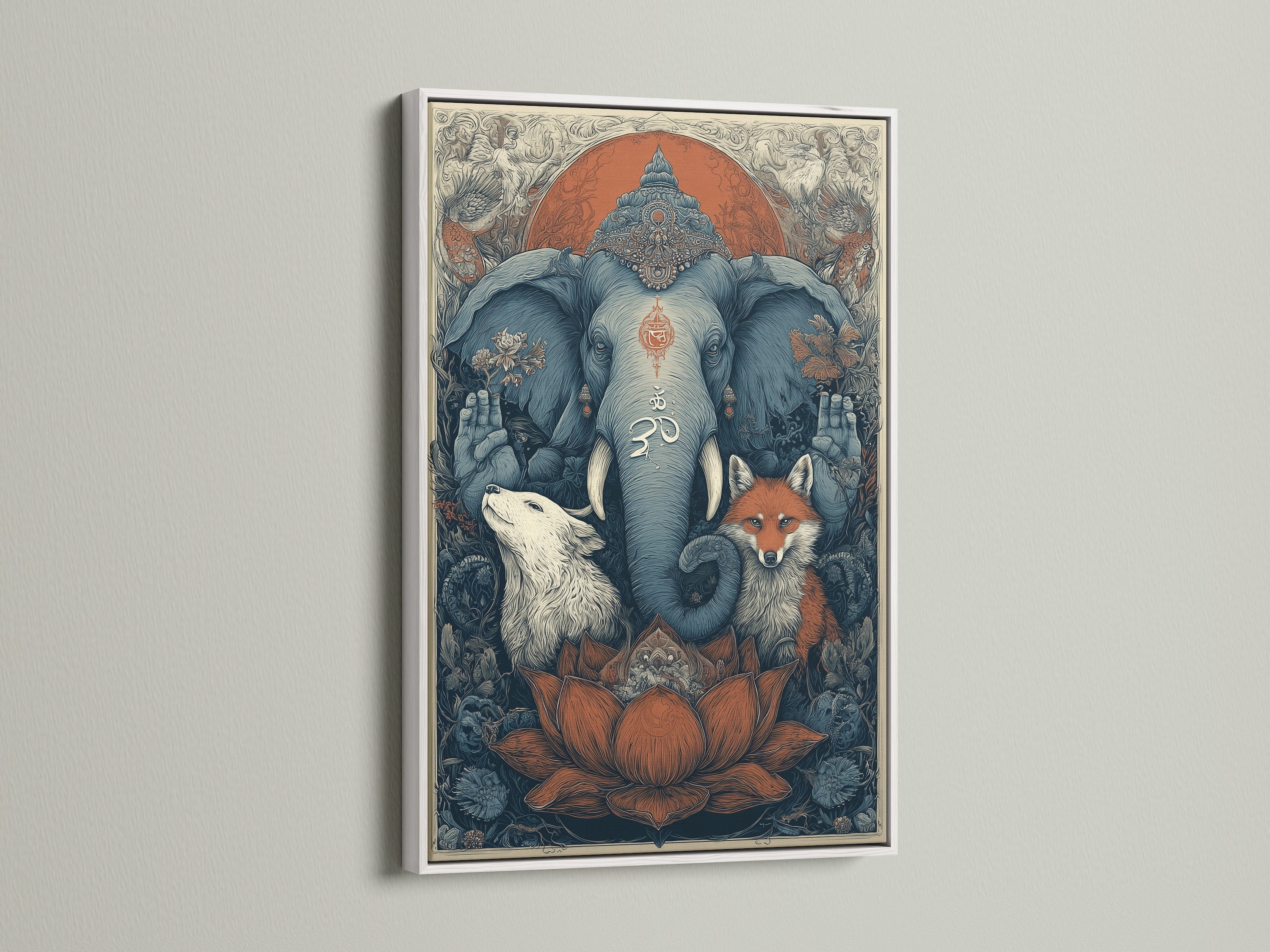 Bohemian meditation room decor with a white frame. The spiritual elephant wolf and fox canvas wall art includes an Om symbol. Ideal for spiritual home decor and zen wall art. This sacred animals art print enhances living rooms bedrooms and yoga studios. Animal spirit art is here.