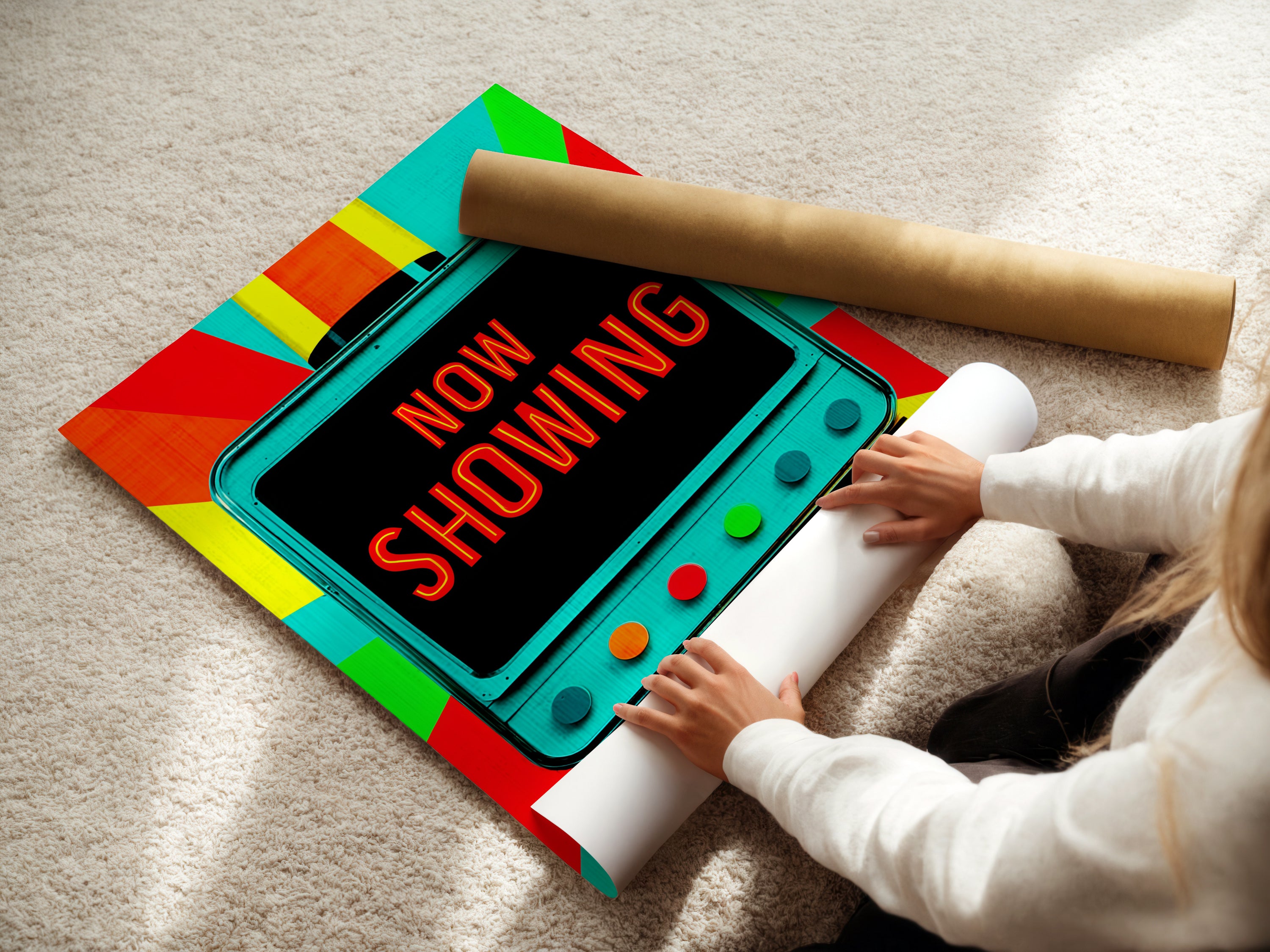 A woman carefully rolling a fine art poster paper. High-quality fine art paper ensures your art looks its best. This retro 'Now Showing' print is perfect for any movie lover's collection. Get yours today.