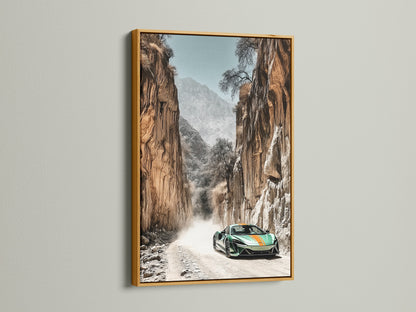 Sports Car Canyon Artwork in a gold frame. The artwork captures a green sports car in a desert landscape. This modern car art is great for car enthusiasts. Elevate your man cave living room or dealership with this refined piece.