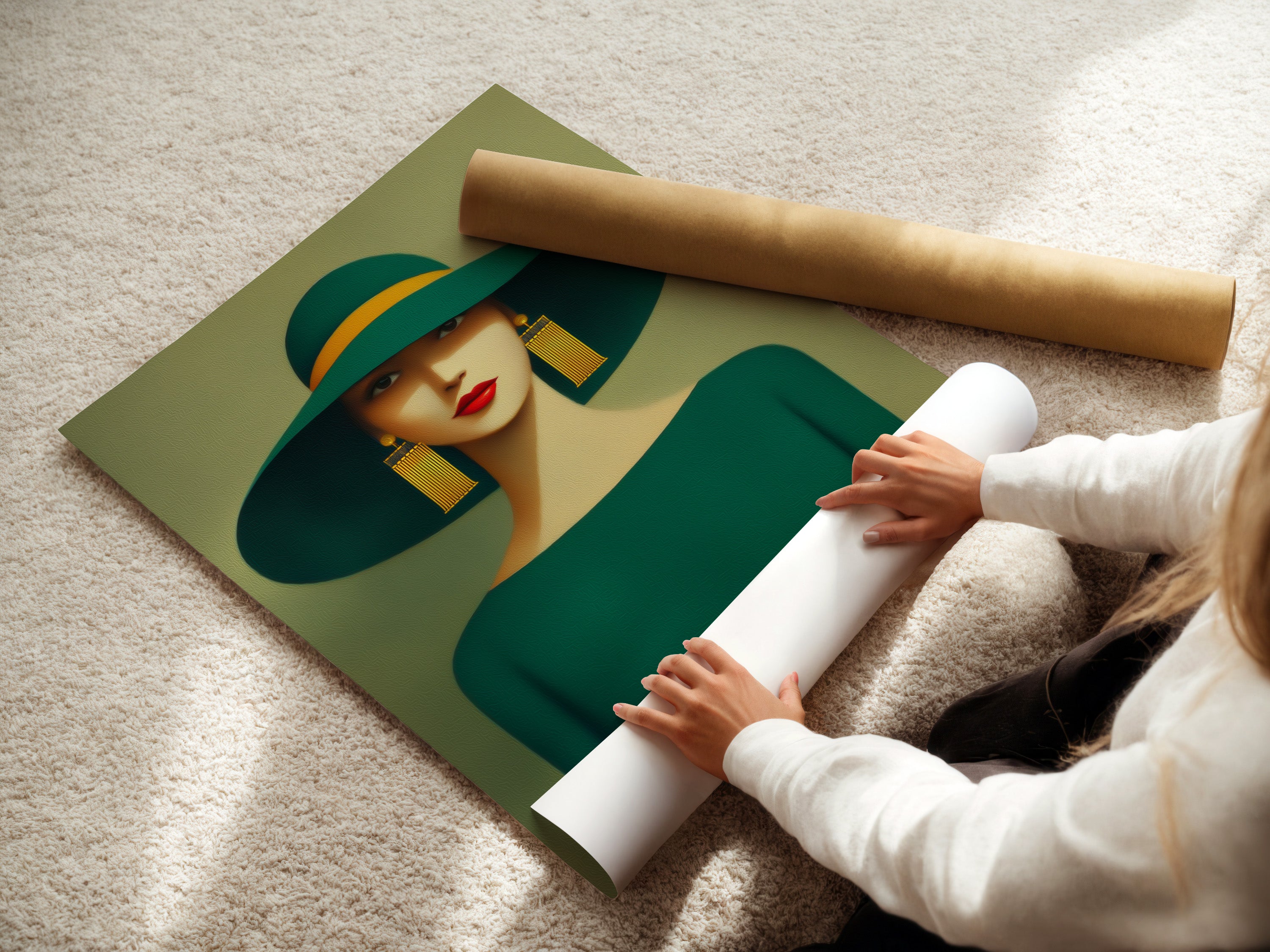 A woman is carefully rolling a fine art poster paper. This paper showcases the elegant woman portrait artwork. The artwork features an emerald green theme. This fine art print is ideal for sophisticated home decor.