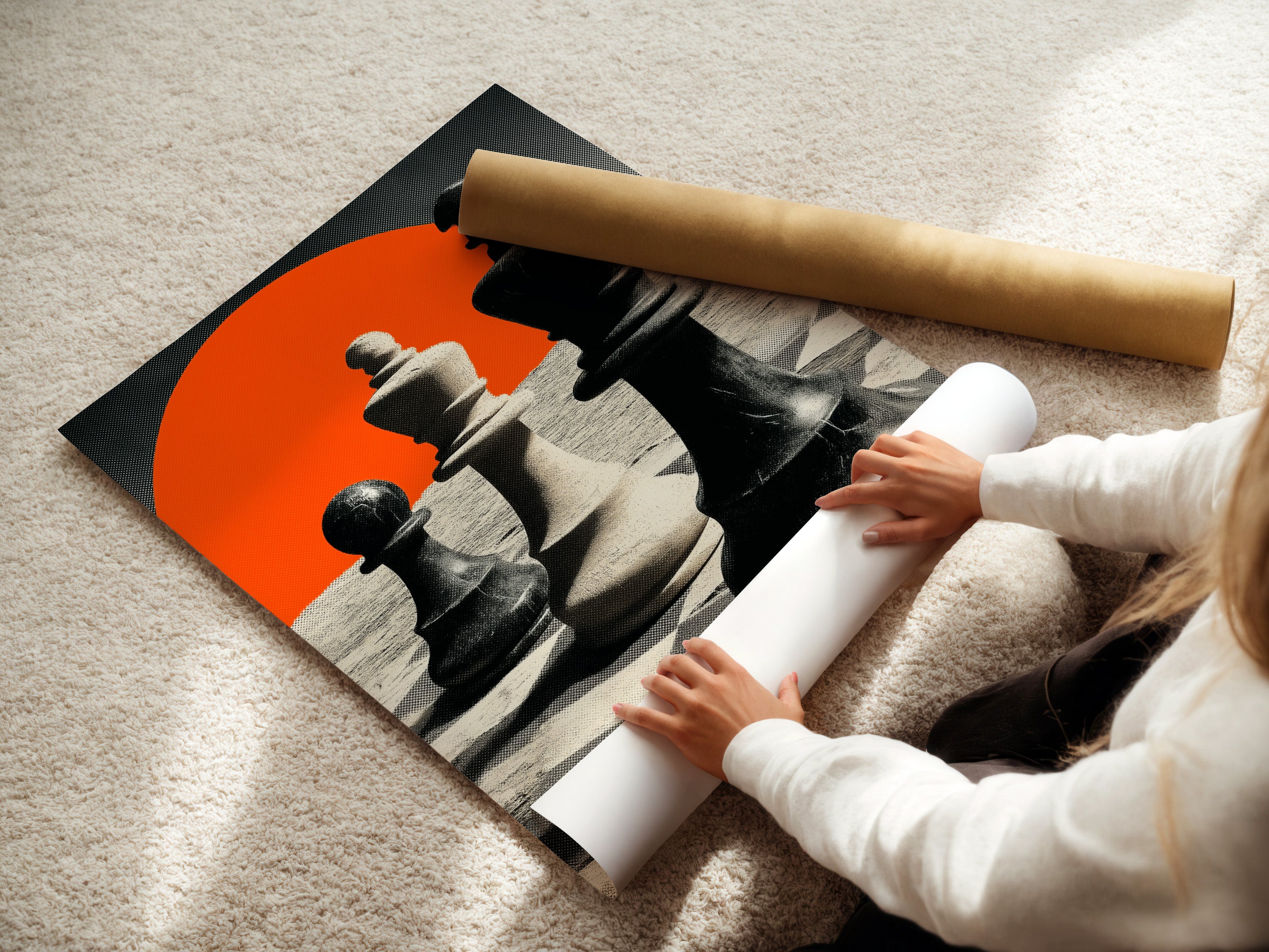 A woman is rolling a fine art poster paper. She is preparing it for framing or display. The fine art paper ensures high-quality prints. It captures the details and colors of the artwork. This poster paper is ideal for creating professional-looking art prints. The woman is carefully handling the paper.