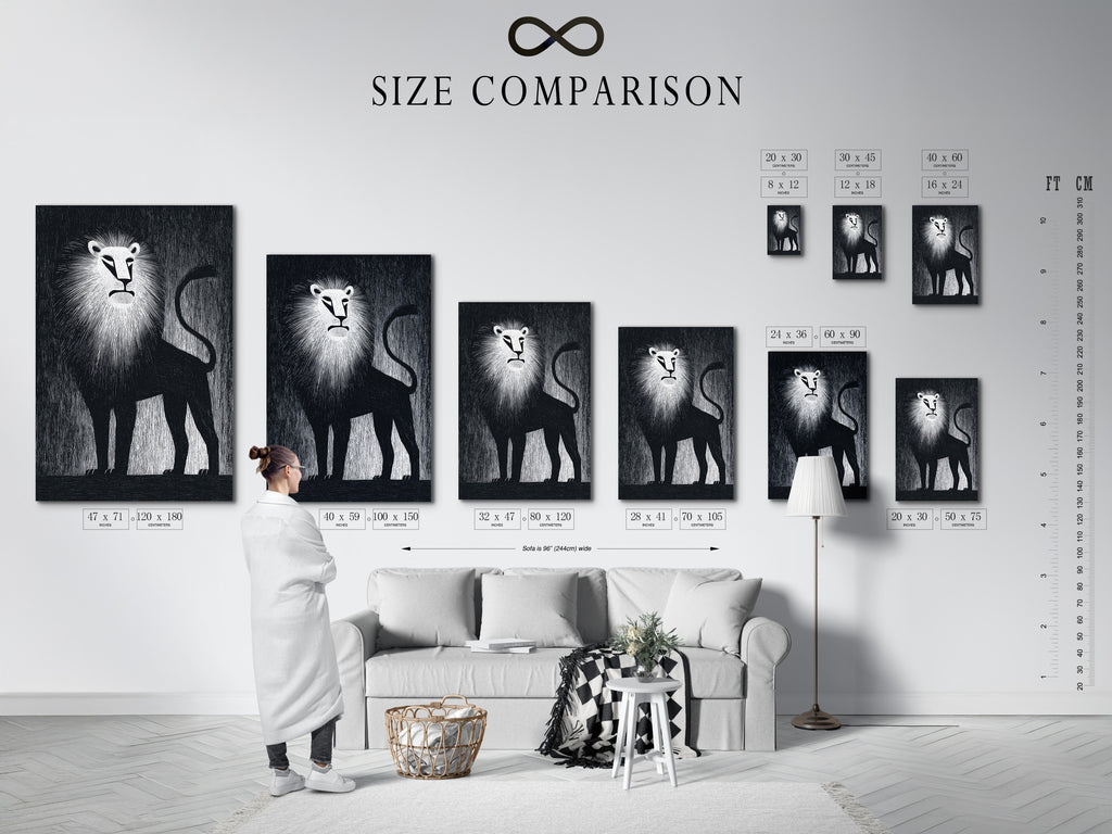 A size comparison chart is presented in an interior setting. The chart helps visualize different art print sizes. It allows you to choose the perfect artwork for your space. Find the ideal fit for your walls.