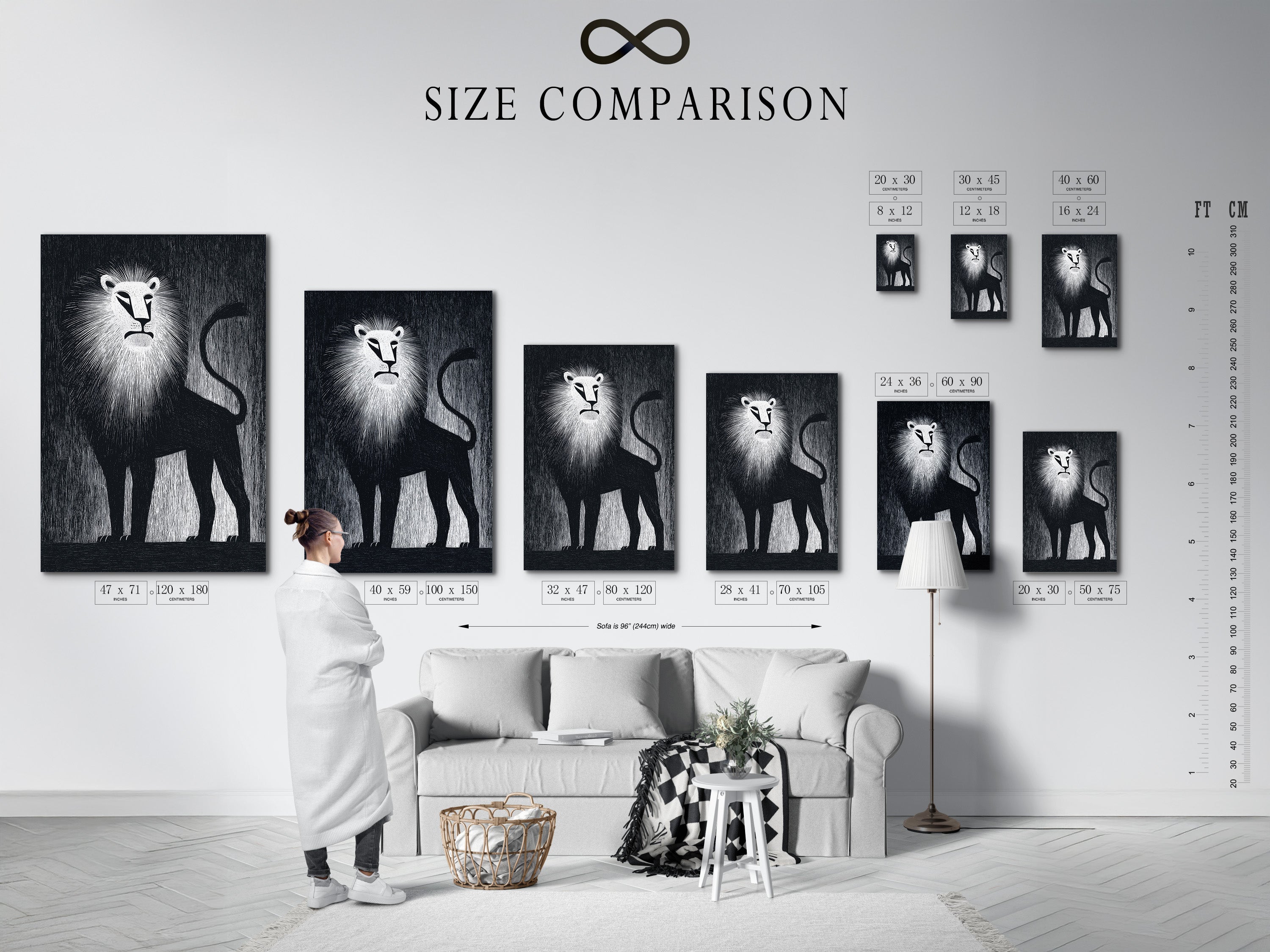 A size comparison chart is presented in an interior setting. The chart helps visualize different art print sizes. It allows you to choose the perfect artwork for your space. Find the ideal fit for your walls.