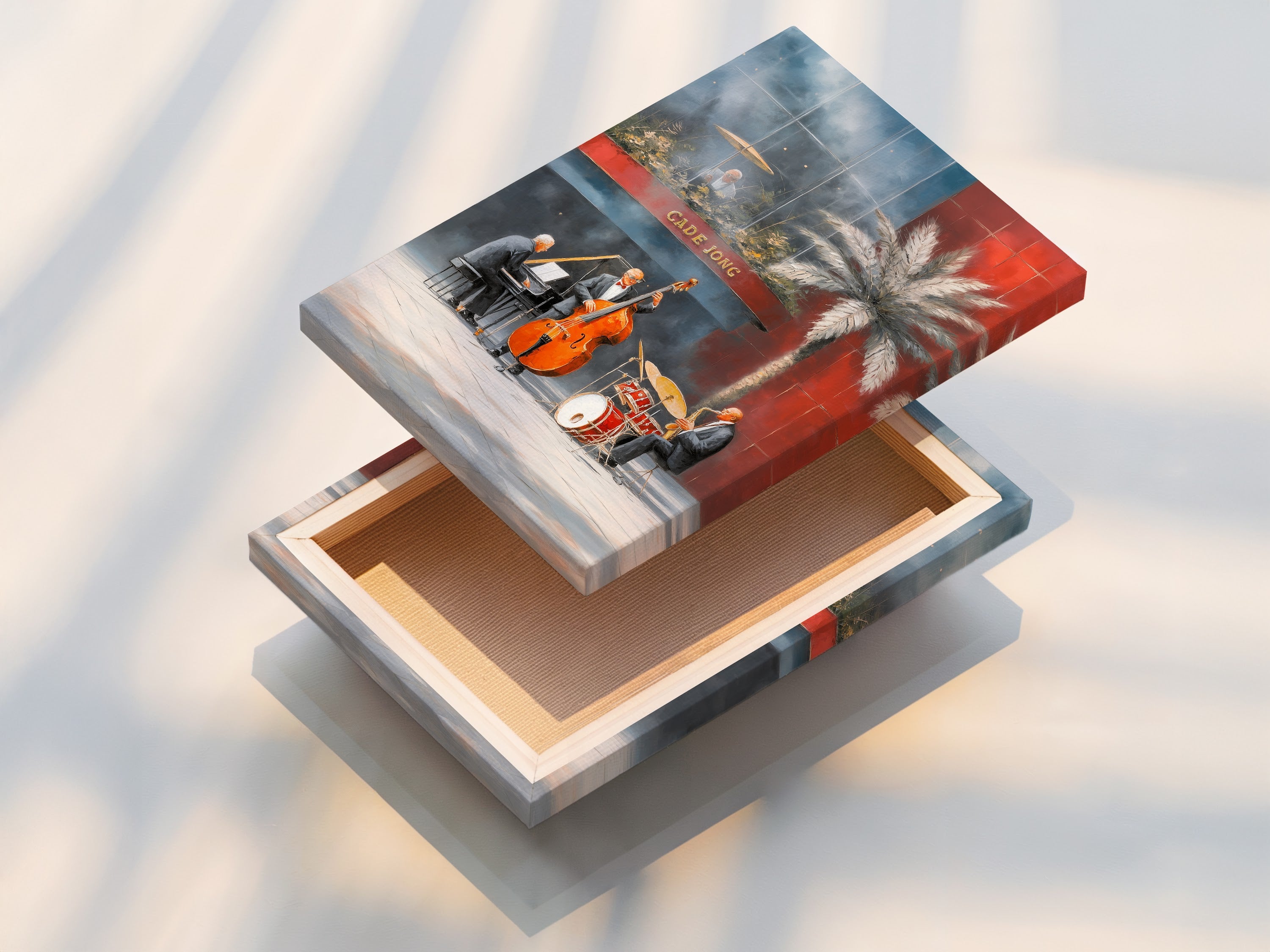 This stretched canvas print features a vibrant jazz band. The New Orleans music art is ready to hang. Perfect for adding a vintage touch to any room. Ideal for music enthusiasts and bar owners. Enhance your space with this retro-style musical artwork today.