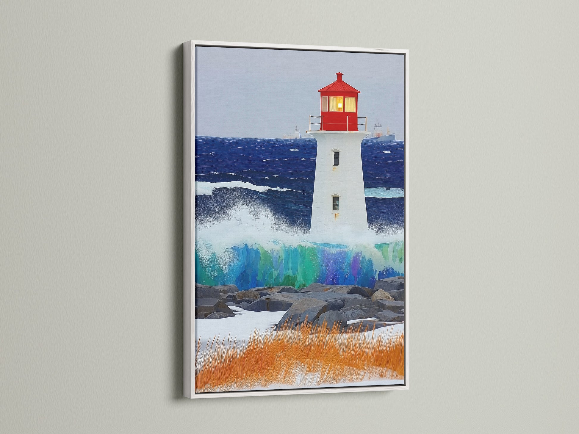 Lighthouse print displayed in a white frame. This nautical wall decor adds a fresh touch to any room. The white frame complements the coastal theme. Ocean artwork brings a sense of calm and serenity.