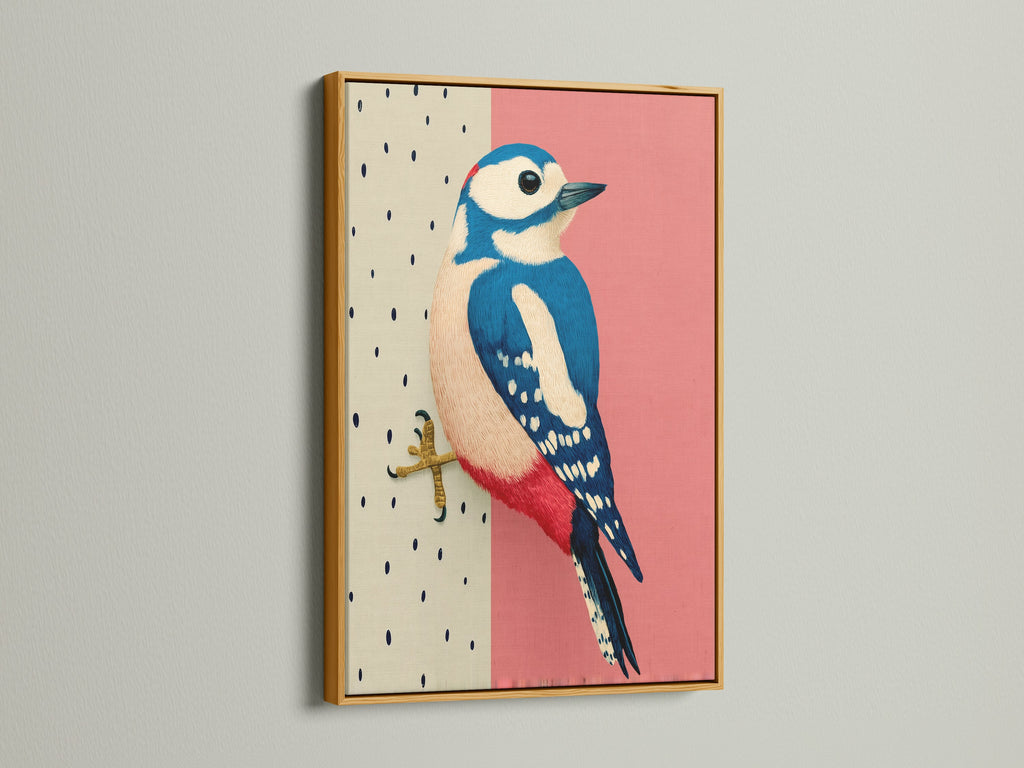The Woodpecker bird art is displayed in a luxurious gold frame. The modern art print features pink and blue hues. It creates a stunning focal point. The animal art print is perfect for adding a touch of glam to your walls.