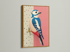The Woodpecker bird art is displayed in a luxurious gold frame. The modern art print features pink and blue hues. It creates a stunning focal point. The animal art print is perfect for adding a touch of glam to your walls.