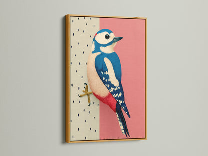 The Woodpecker bird art is displayed in a luxurious gold frame. The modern art print features pink and blue hues. It creates a stunning focal point. The animal art print is perfect for adding a touch of glam to your walls.