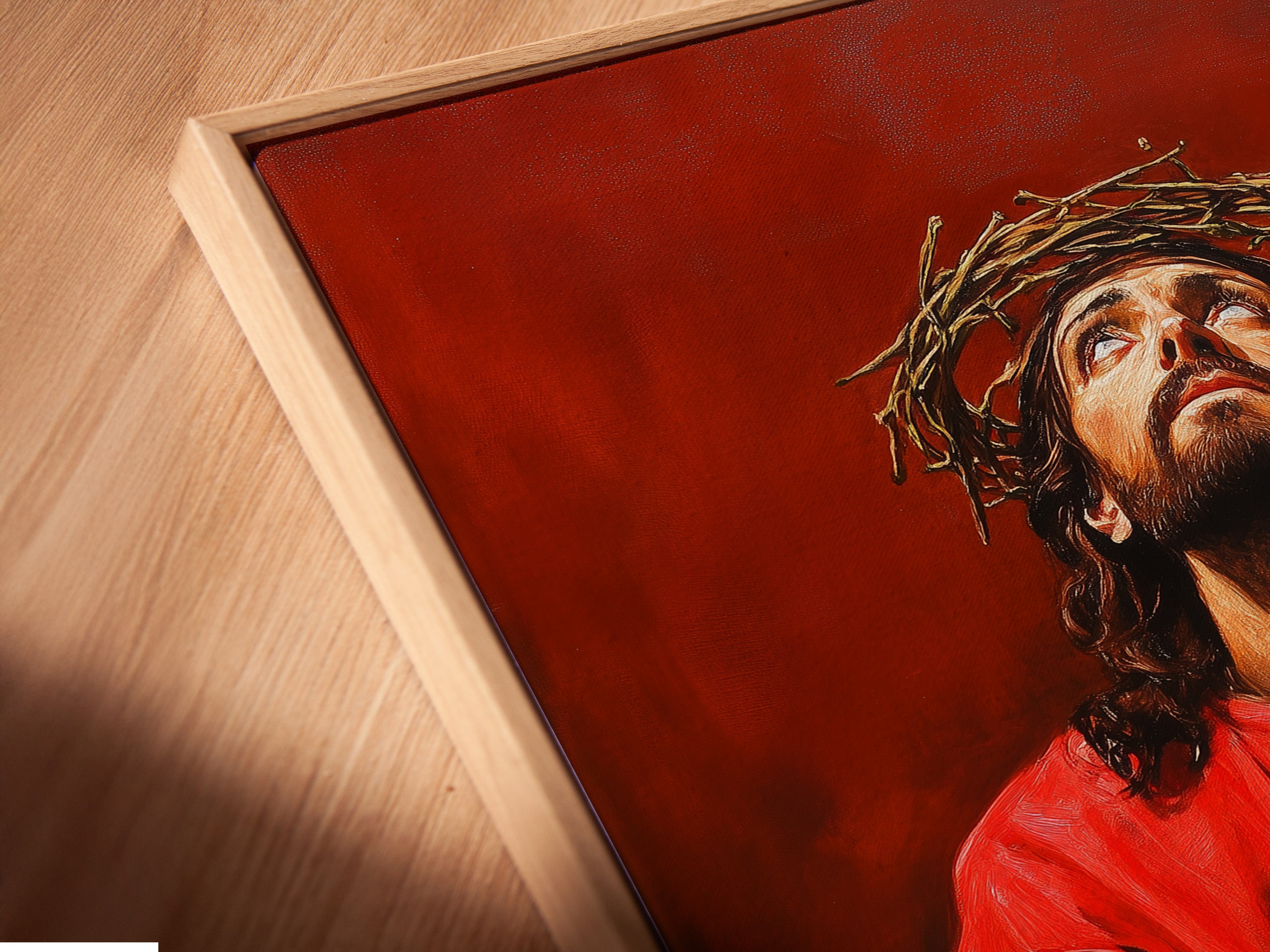 A close-up shows a canvas print in a floating frame. The floating frame gives a modern gallery look. The art seems to float. This unique framing style enhances any piece. Discover floating frame options.