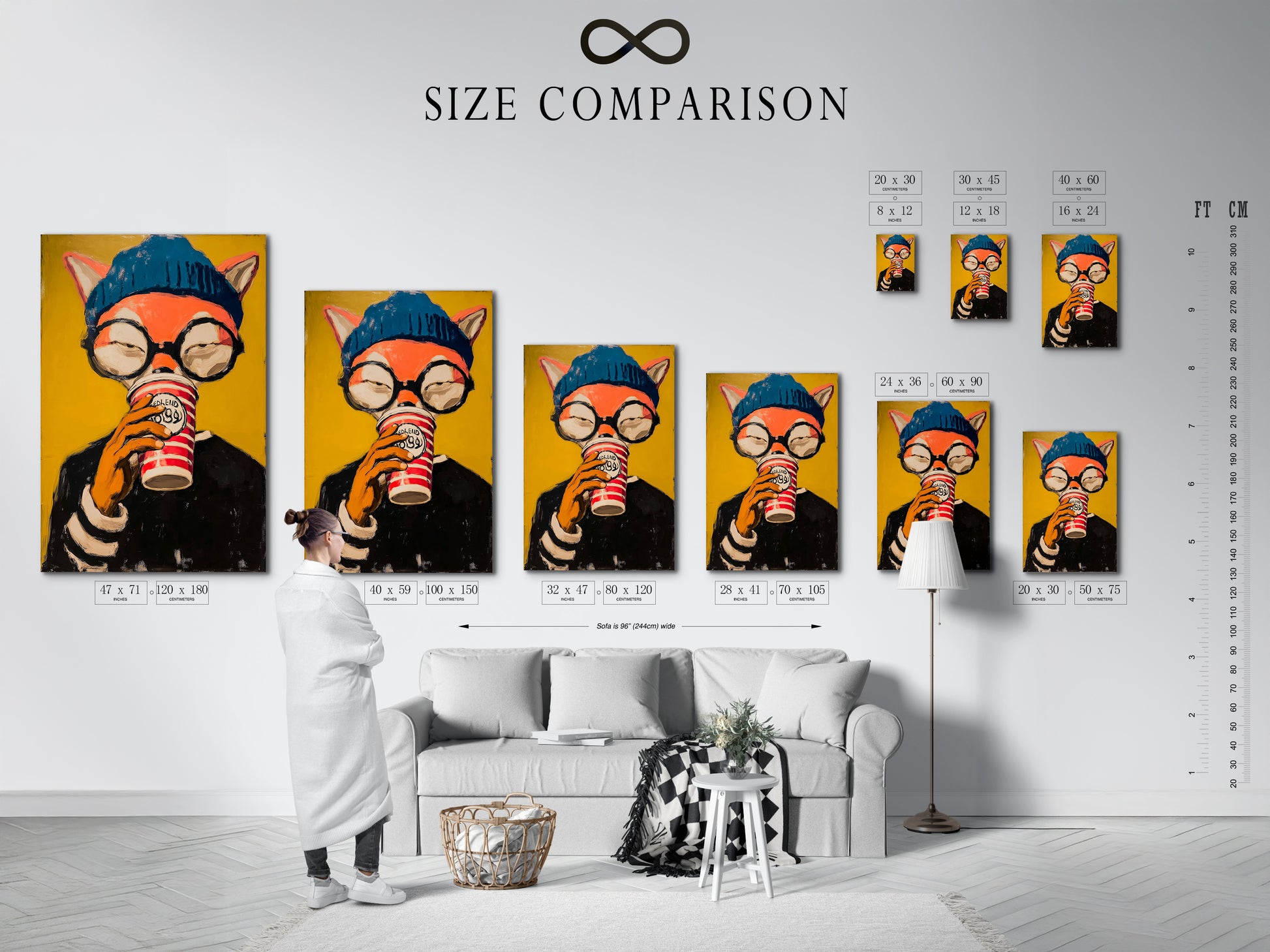 This size comparison chart in an interior setting helps you visualize the perfect dimensions for your space. Choose the ideal size for your hipster fox artwork. Make a statement with this modern animal wall art in any room.