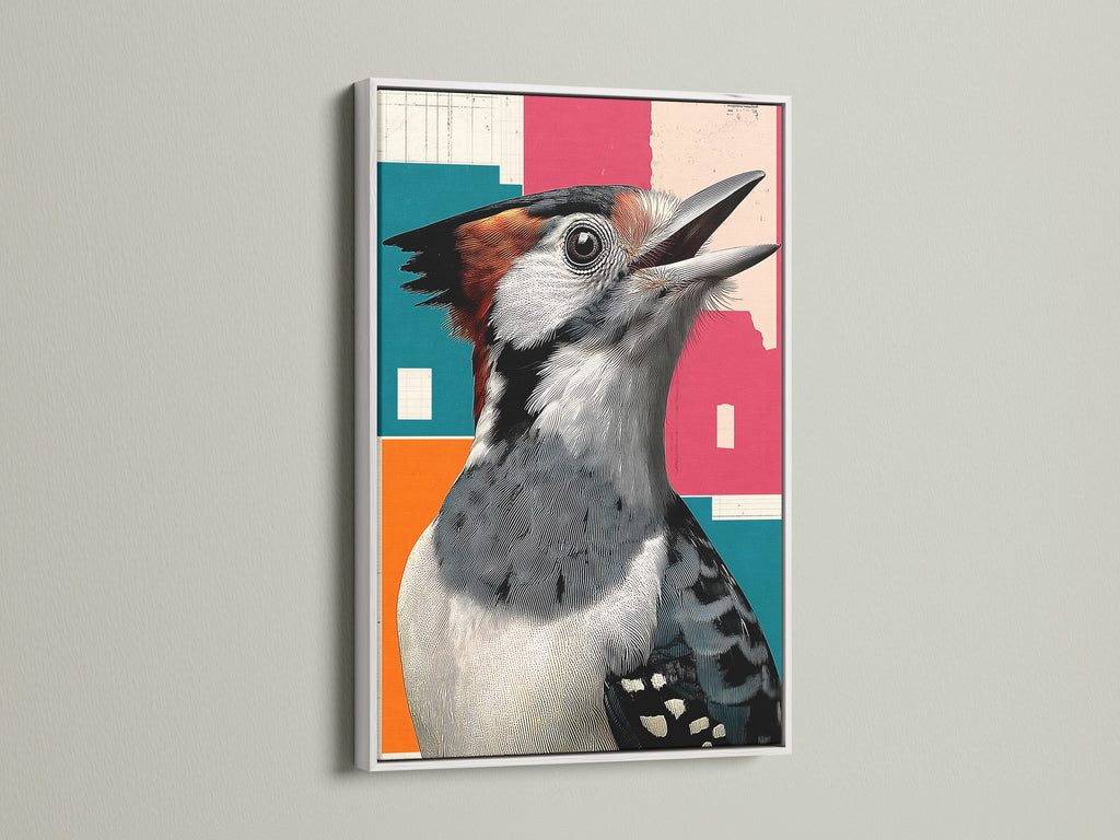 White frame showcasing a retro Woodpecker bird artwork. Geometric style gives study room and office a touch of nature. Bird canvas art is perfect for birdwatching gift. Colorful wall art for avian art print and bird lover gift. Nature artwork and ornithology art.
