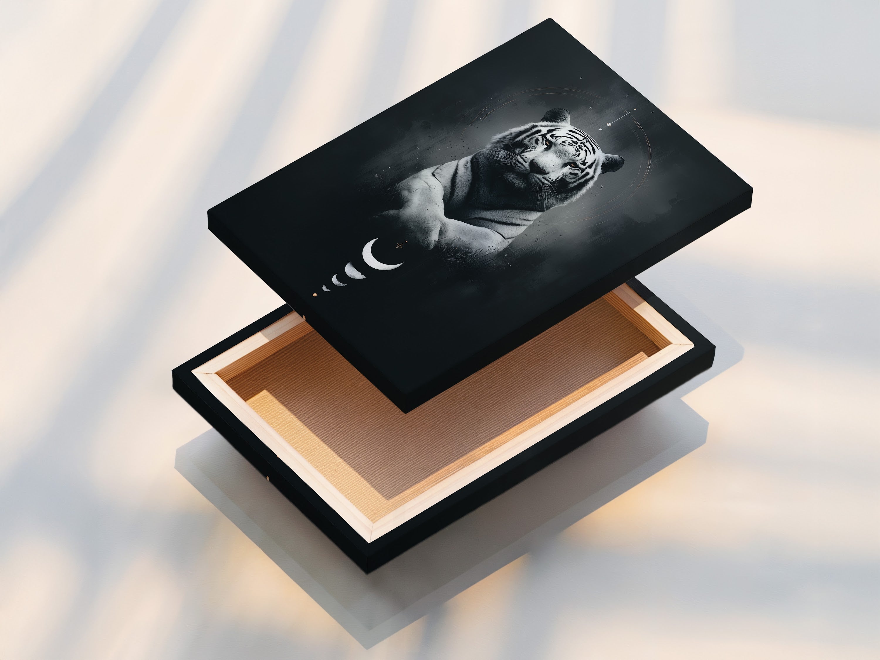 A beautifully stretched canvas print featuring mystical tiger art. This celestial animal wall art is ready to hang. The moon phases print adds a spiritual touch. Perfect for contemporary wall decor in any room.