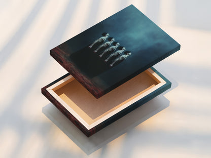 This image shows a stretched canvas print of the surreal figures artwork. The canvas texture enhances the moody teal wall art. This format is ideal for creating a gallery-like display. The ethereal human form artwork adds a touch of sophistication to any room.