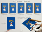 Available options for Duck Artwork. Choose from stretched canvas fine art poster paper or floating frame. This funny animal art adds a playful touch to a kids room. The blue and orange colors create a contemporary style. It's perfect nursery wall decor.