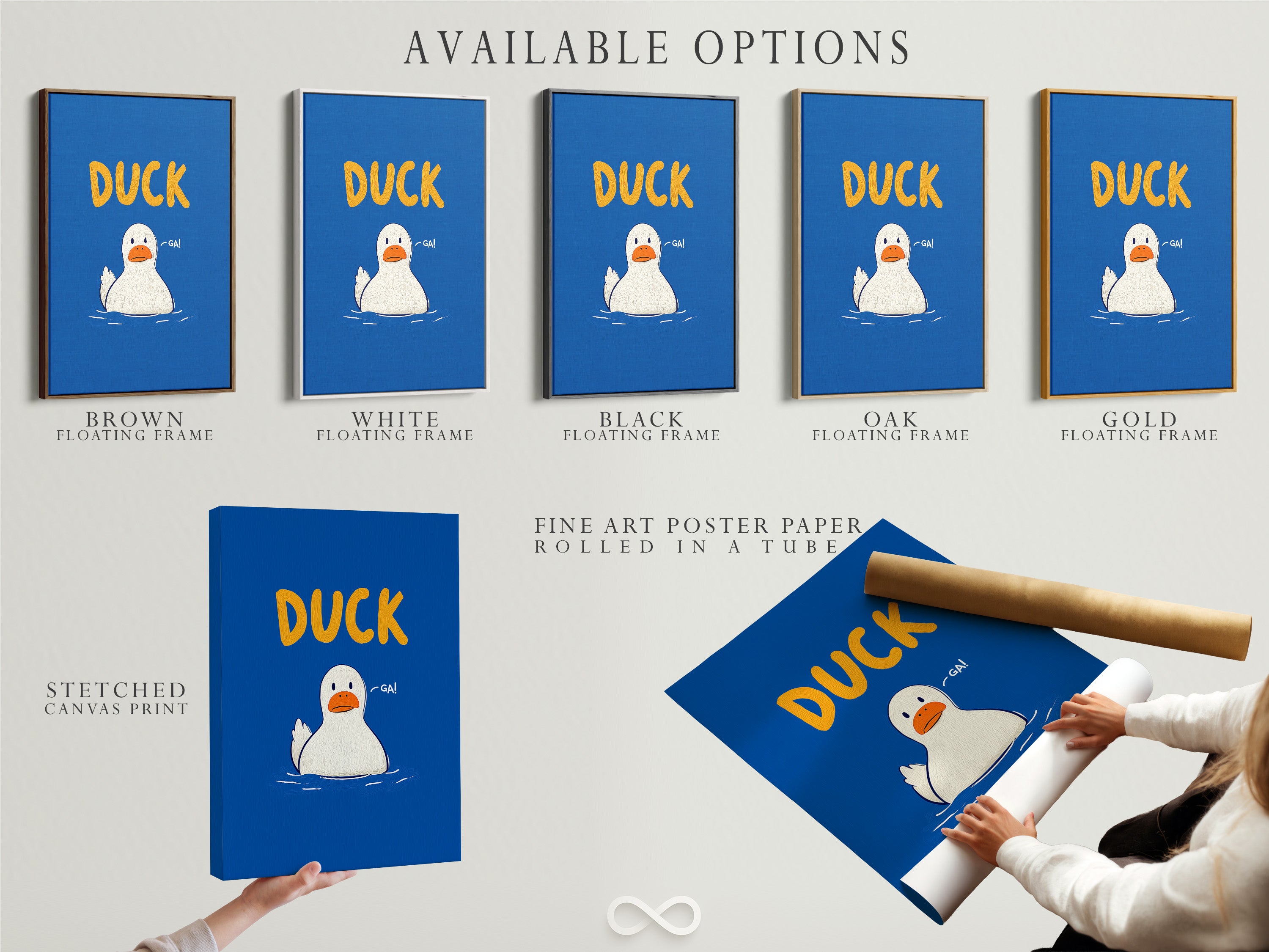 Available options for Duck Artwork. Choose from stretched canvas fine art poster paper or floating frame. This funny animal art adds a playful touch to a kids room. The blue and orange colors create a contemporary style. It's perfect nursery wall decor.