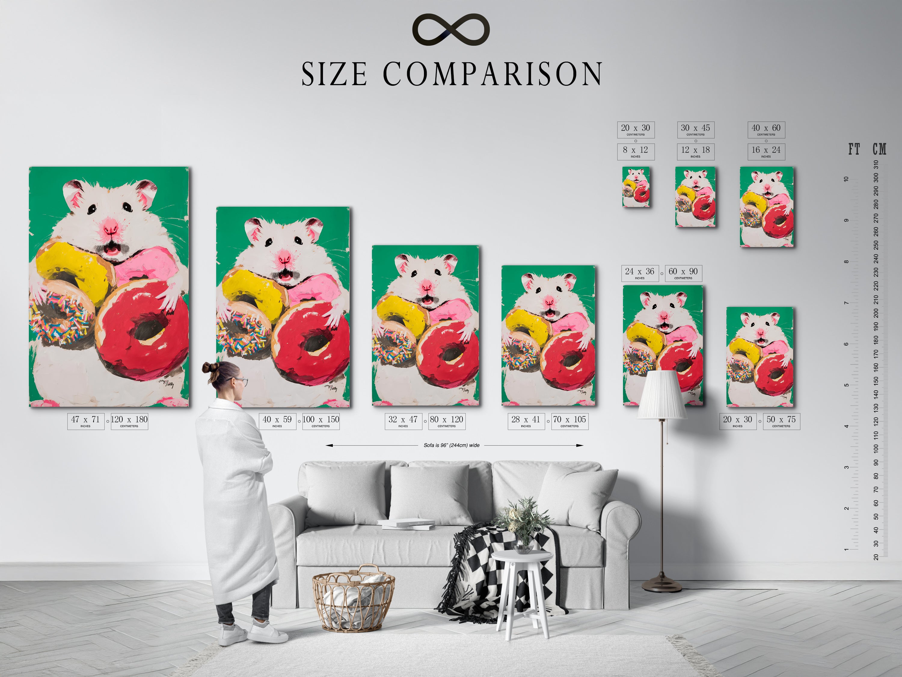 Size comparison chart of the hamster donut art in an interior setting. Visualize how this cute animal art looks in your space. It is great for nursery wall art or kids room decor. The colorful canvas art enhances any room.