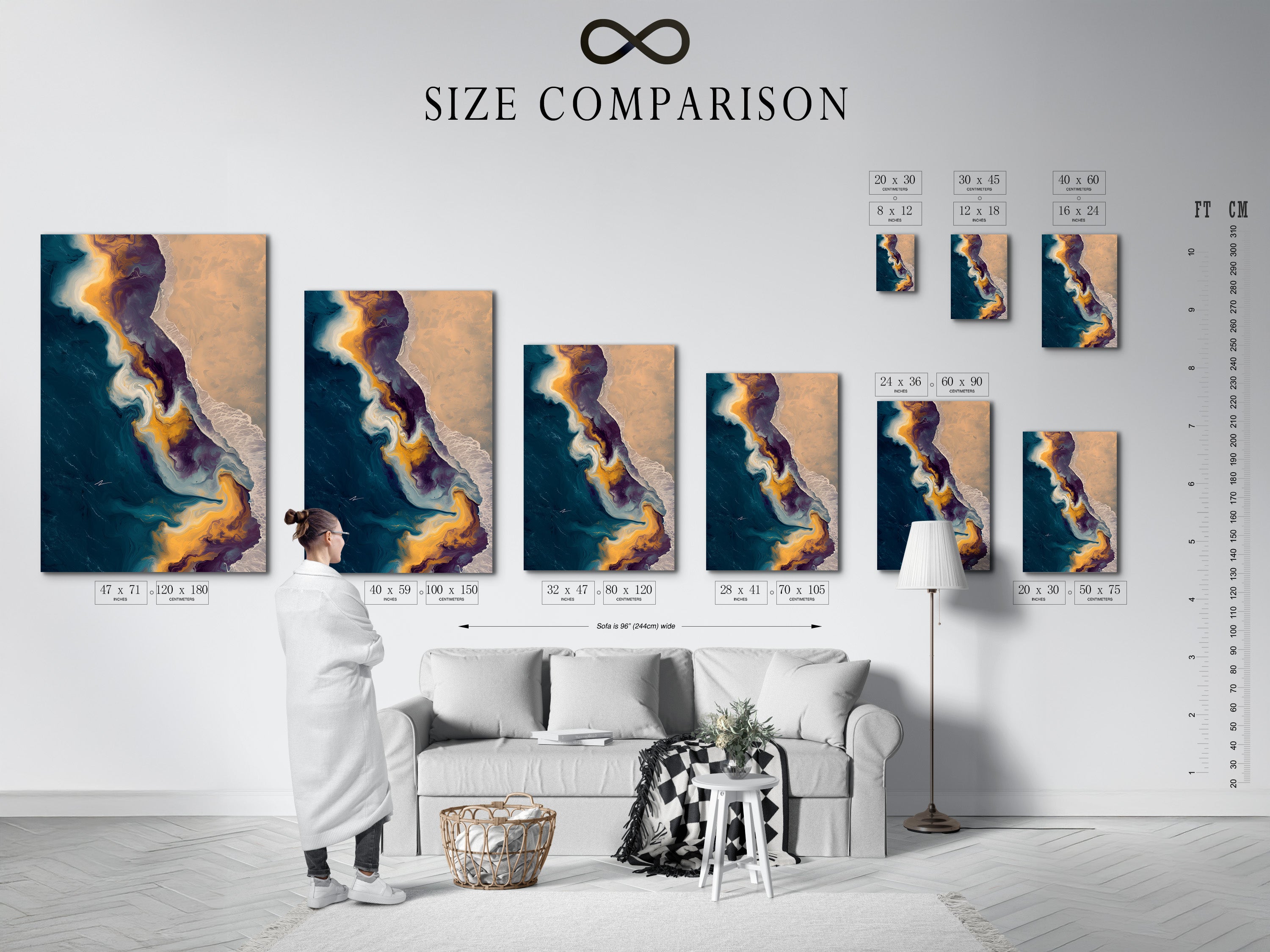 A size comparison chart displayed in an interior setting. Visualize the perfect art piece for your space. Understand how different sizes impact your decor. This chart helps you make informed decisions. Find the ideal dimensions for your artwork. Choose the right size today.