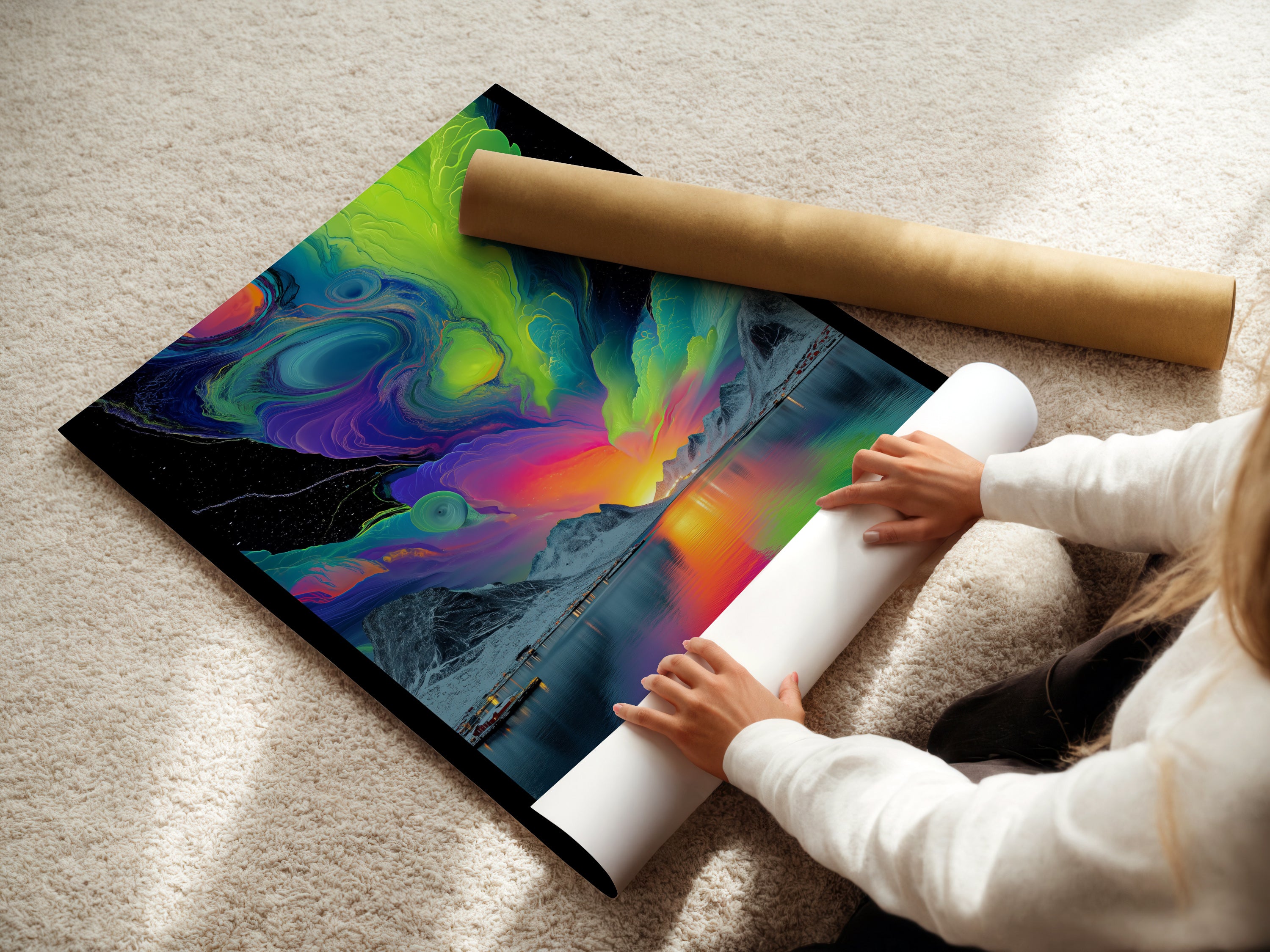 A woman carefully rolls a fine art poster paper. The high-quality material ensures vibrant and lasting prints. Perfect for aurora borealis and landscape art reproductions. It protects artwork during storage and transport.