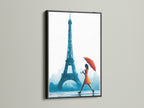 A sleek black frame accentuates this artwork. The artwork features an Eiffel Tower canvas print. Parisian woman with umbrella wall art is displayed. Perfect for modern and urban spaces. Enhance your boutique wall decor. Discover French artwork and Parisian decor options. It will complement minimalist contemporary or urban styles.