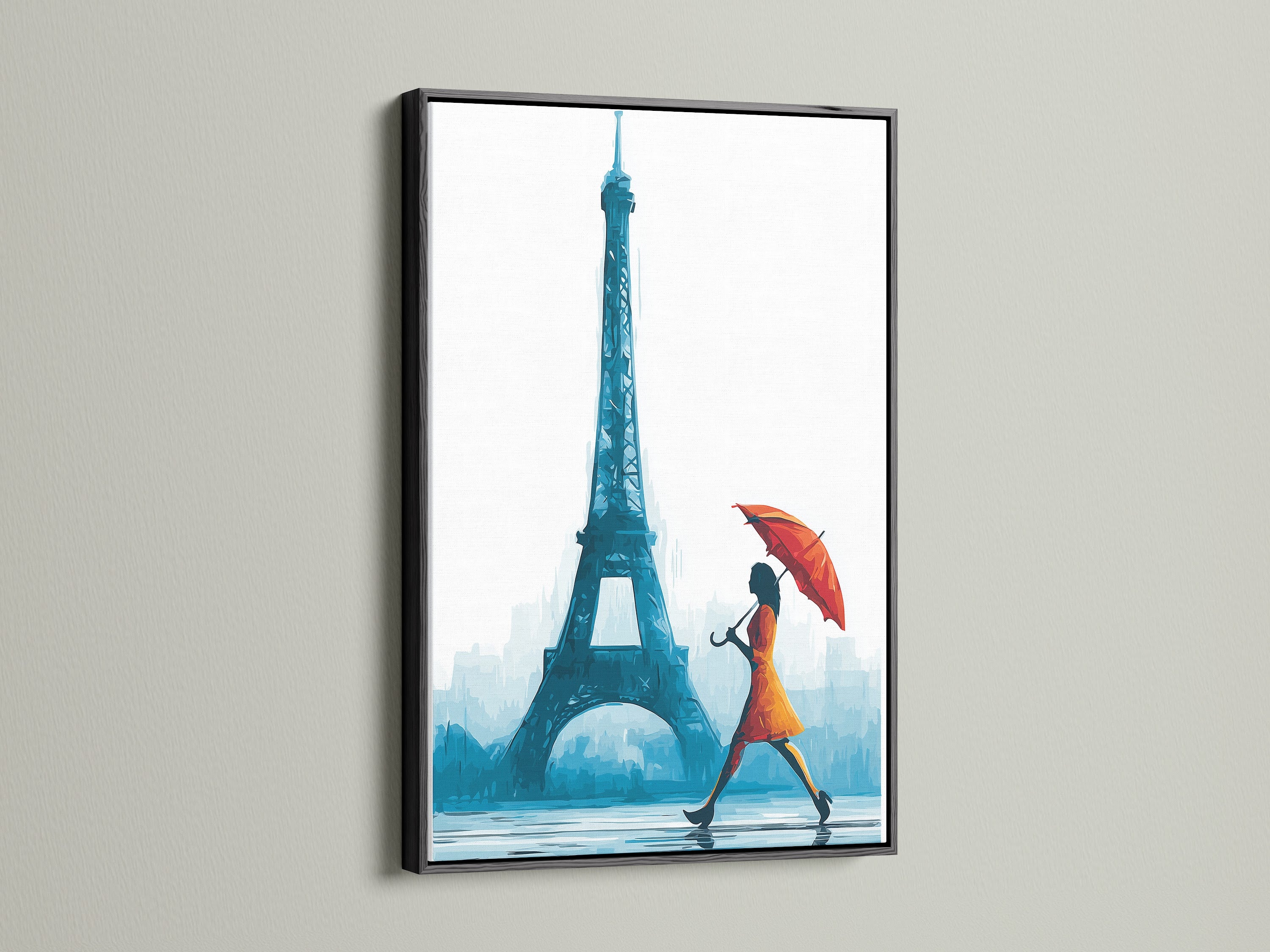 A sleek black frame accentuates this artwork. The artwork features an Eiffel Tower canvas print. Parisian woman with umbrella wall art is displayed. Perfect for modern and urban spaces. Enhance your boutique wall decor. Discover French artwork and Parisian decor options. It will complement minimalist contemporary or urban styles.
