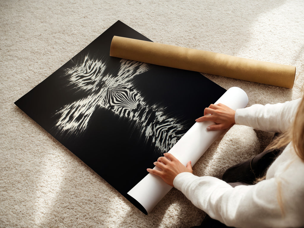 A woman is carefully rolling a fine art poster paper. The artwork is a Christian Cross Wall Art. This print features a zebra pattern cross. This is perfect for creating custom religious wall art. Ideal for Christians and art enthusiasts alike. It is a unique christian gift.