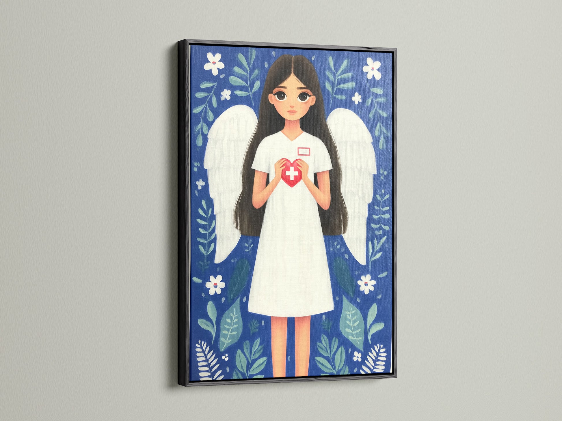 Nurse Angel artwork in a sleek black frame. A thoughtful thank you gift for nurses and healthcare heroes. The artwork portrays a nurse with angel wings holding a heart with a medical cross. It is perfect as caregiver appreciation art or for adding inspiration to hospital decor.