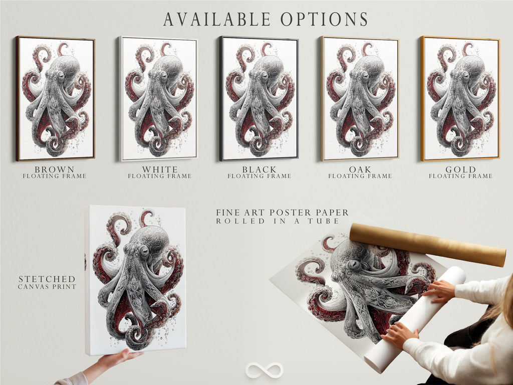 Explore the available options for your Octopus art print. Choose from a stretched canvas print a fine art poster or a floating frame. Customize your artwork to fit your style. Perfect for bathroom wall art and coastal living room decor.