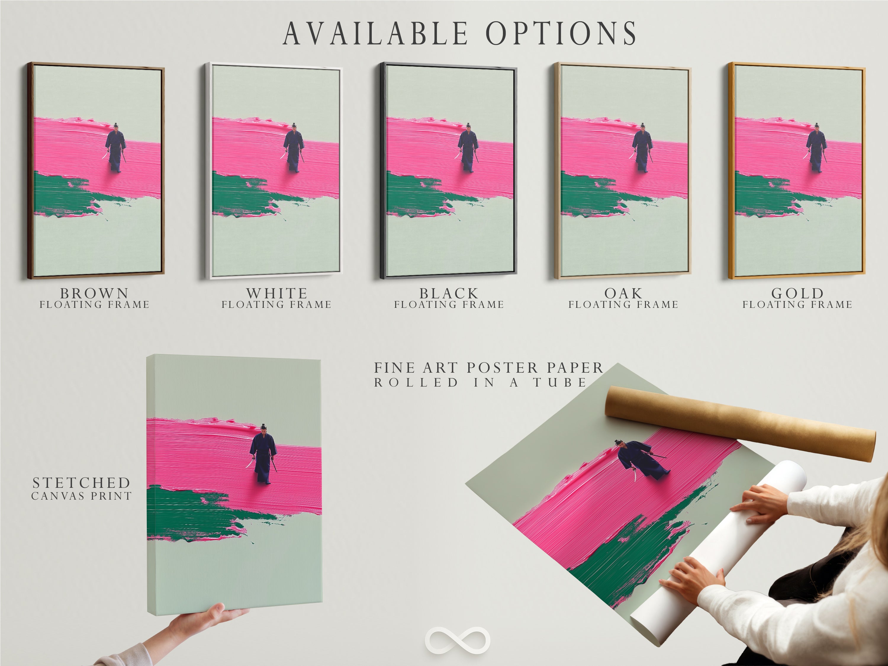 Available options include stretched canvas print fine art poster paper and floating frame. Select the perfect format for your Abstract Pink Samurai artwork. Each option offers a unique aesthetic. Enhance your contemporary art collection today.