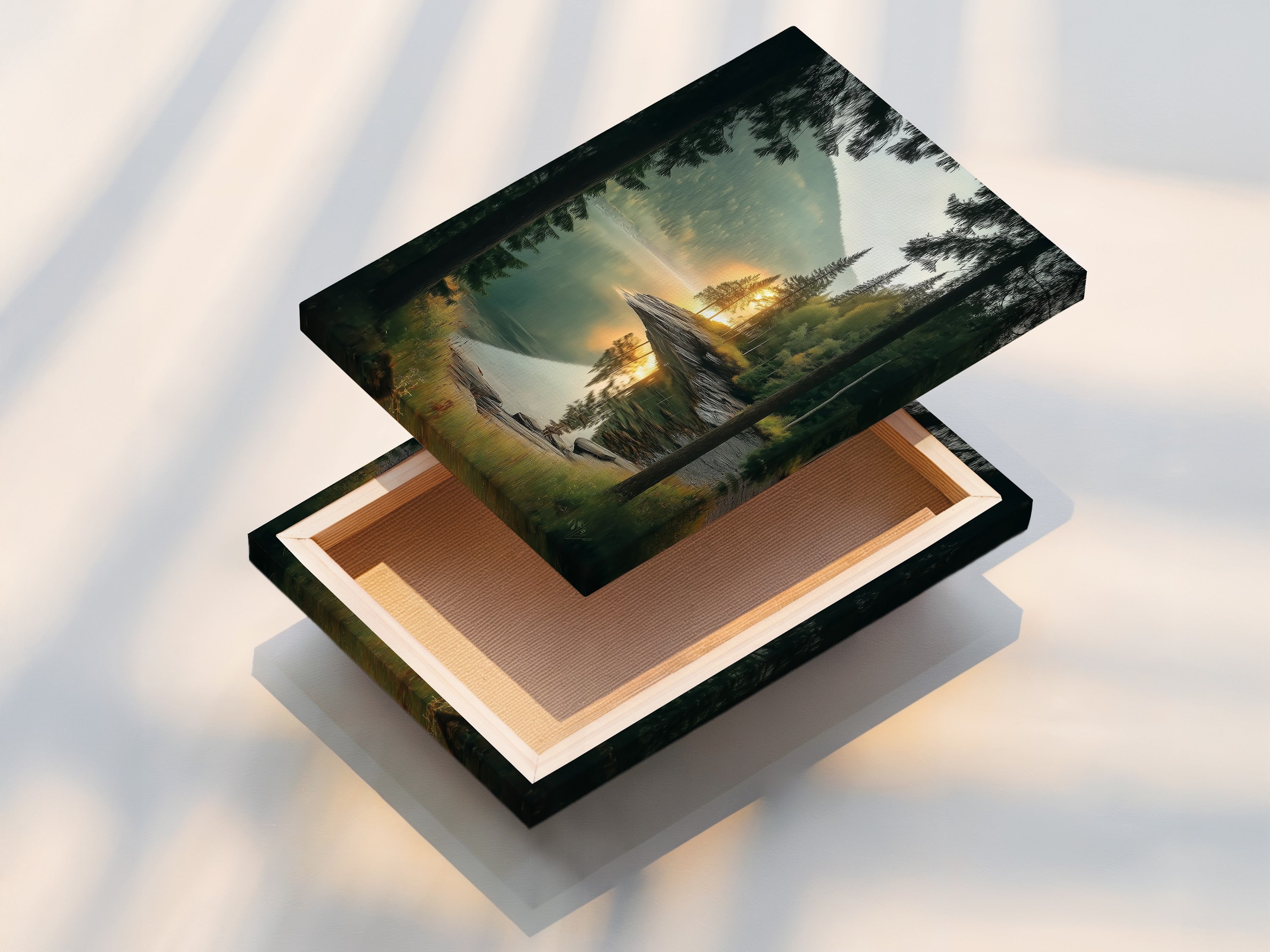 A close up view of a stretched canvas print. The canvas is stretched for a clean frameless look. This print is perfect for adding a rustic style to your cabin or living room.