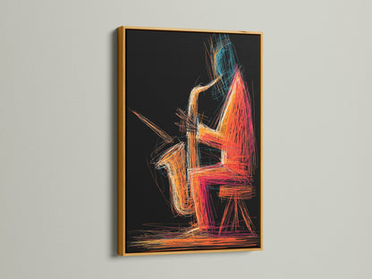 The Jazz Saxophone Art Print is presented in a luxurious gold frame. This music wall art adds a touch of elegance. The gold frame complements the orange and blue canvas beautifully. Ideal for adding sophistication to your office decor.