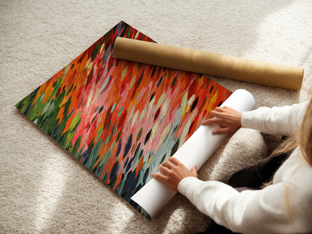 A woman is carefully rolling a fine art poster paper. The focus is on preserving the quality and integrity of the artwork. This highlights the attention to detail in handling fine art prints making it ready for modern home art display.