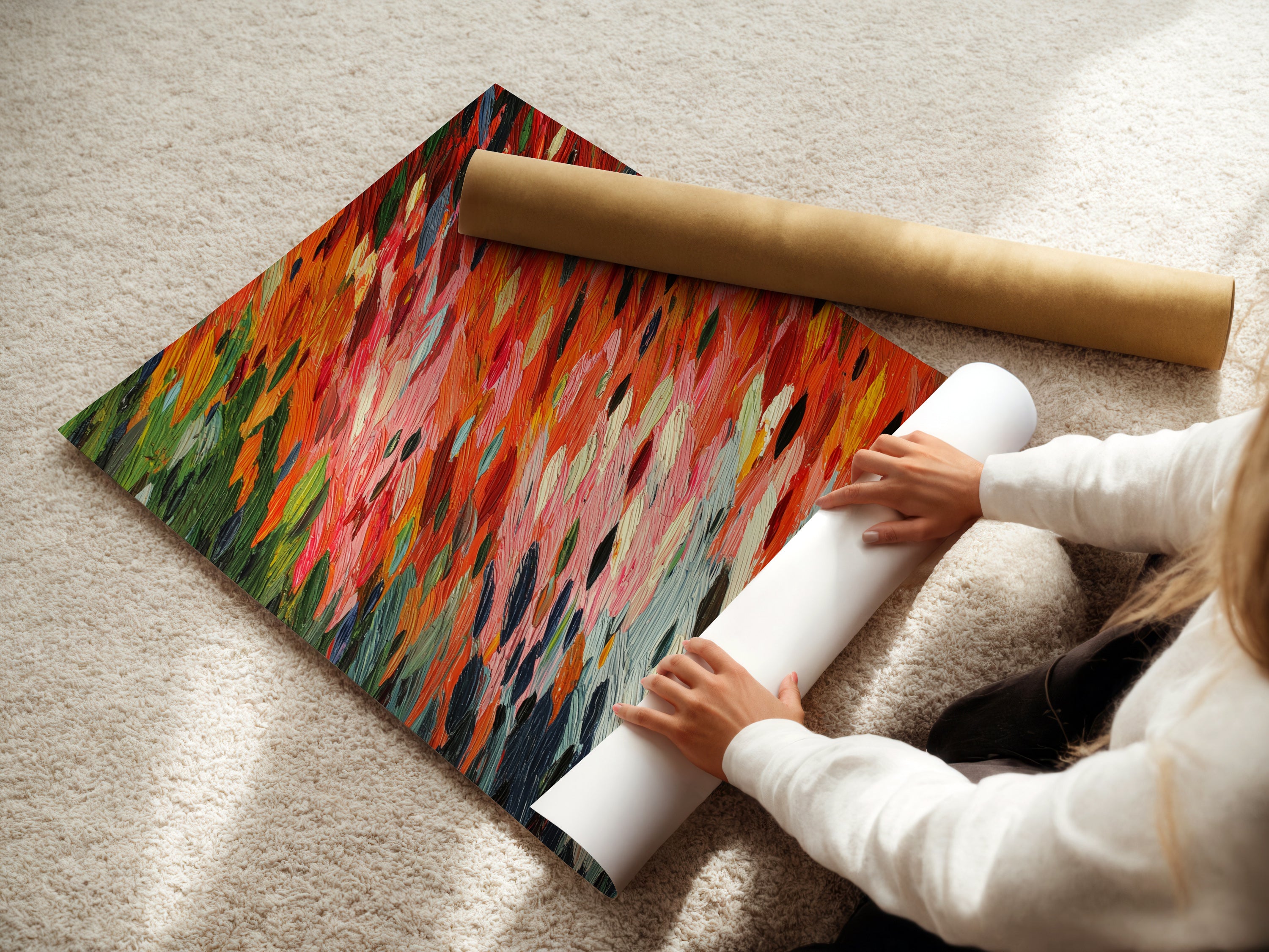 A woman is carefully rolling a fine art poster paper. The focus is on preserving the quality and integrity of the artwork. This highlights the attention to detail in handling fine art prints making it ready for modern home art display.
