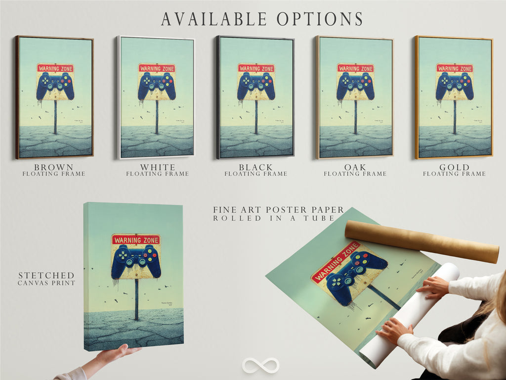 Available options for Gaming Zone artwork: stretched canvas print fine art poster paper and floating frame. Customize your gamer wall art. The gaming print suits any style. Get cool teen boy decor today. Elevate your game room art.