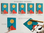 Available options include a stretched canvas print fine art poster paper and floating frame. The Wolf Moon artwork offers versatile display choices. This southwestern desert wall art suits any style. Teal and orange colors create a cohesive look. Select the perfect option for your home.