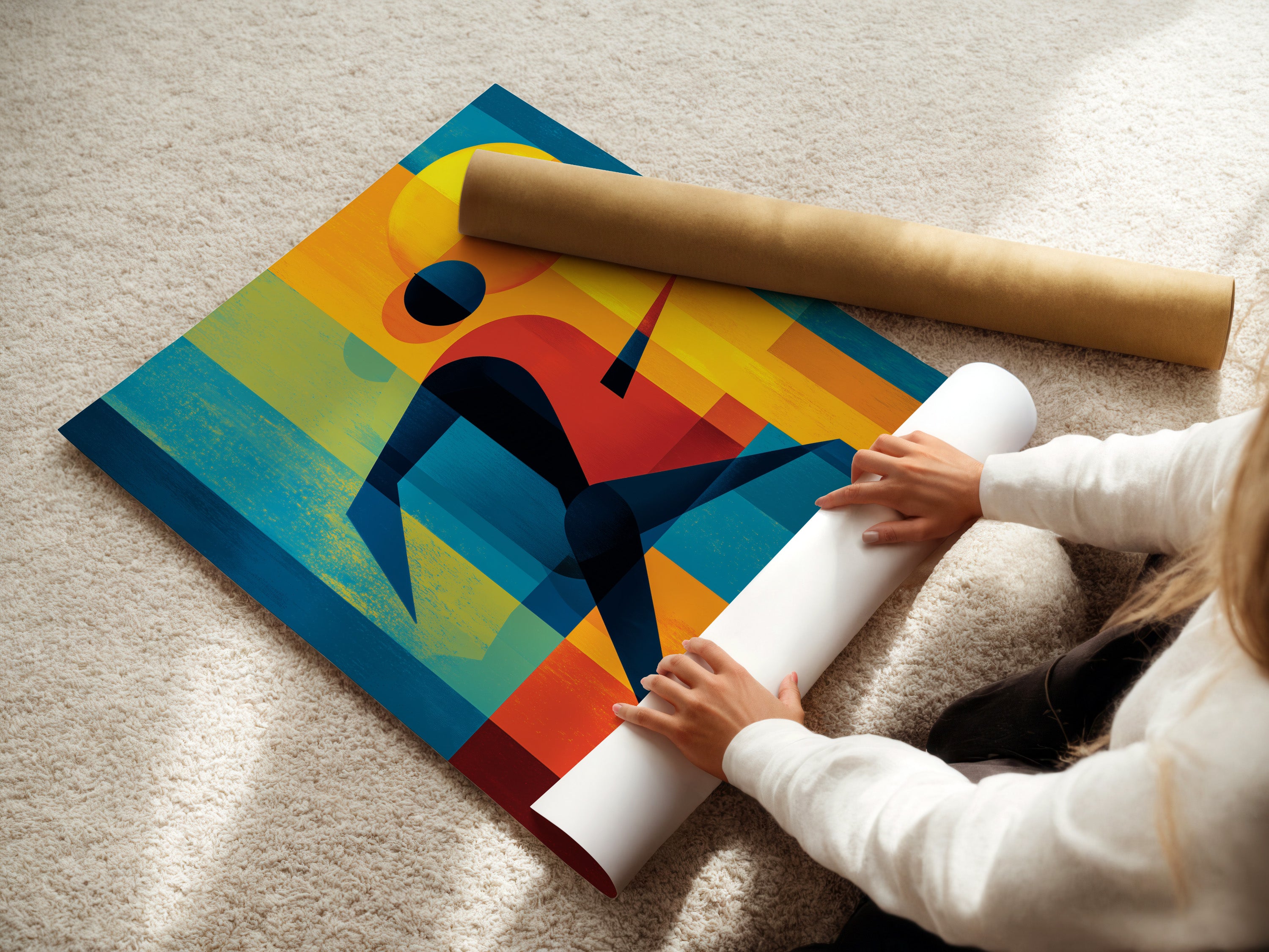A woman is carefully rolling a fine art poster paper of the Olympic Runner artwork. High quality materials ensure a lasting print. This sports poster is perfect for any space. Add athletic artwork to your home.
