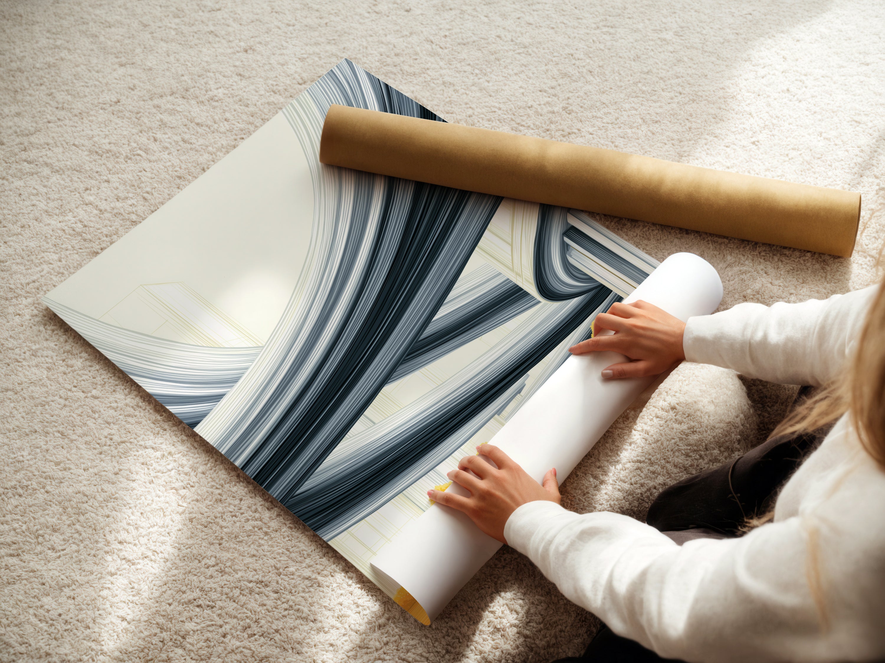 A woman carefully handles fine art poster paper. Ensuring quality and precision in every print. We create stunning abstract cityscape artwork on premium materials. Perfect for adding a touch of modern elegance to your space. Explore our range of options today.