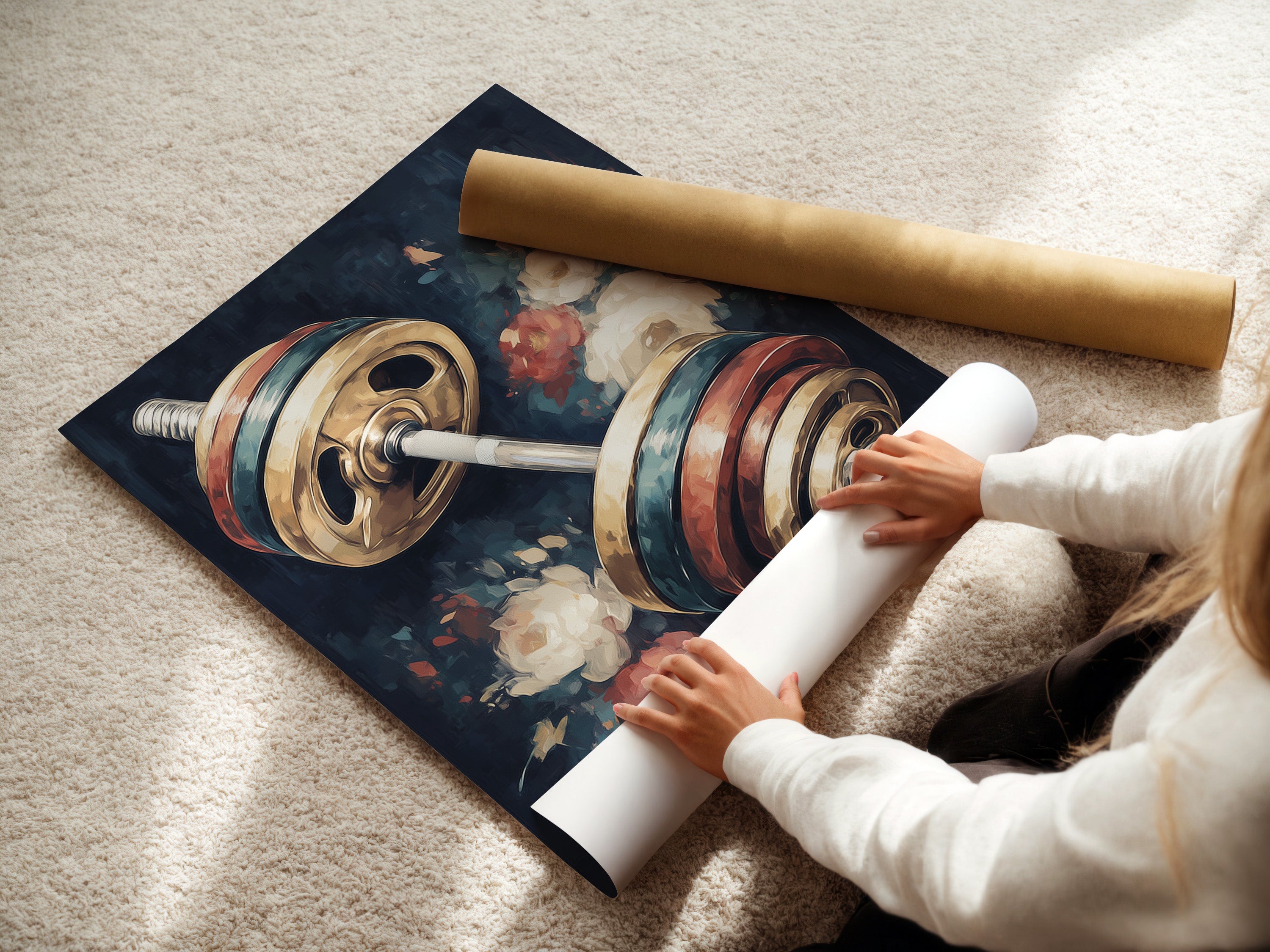 A woman carefully rolling a fine art poster paper print. High quality materials ensure your gym artwork looks its best. This fine art paper enhances the floral fitness art's details.