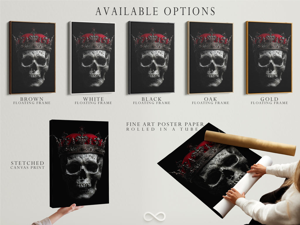 Available options include a stretched canvas print. Fine art poster paper and floating frame for the Skull King artwork. Customize your gothic decor to match your style. Perfect for study rooms or man caves looking for unique art.