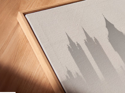 Get a closer look at our canvas print in a floating frame. The black and white London artwork stands out. The floating frame adds depth to this cityscape print. Perfect for modern interiors seeking minimalist decor. See the quality of our urban photography