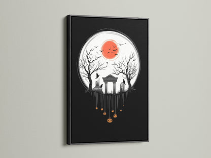 The Halloween Night canvas print is framed in black. This artwork features a spooky cemetery. It's perfect gothic wall decor for the fall season. This creepy artwork makes a unique Halloween gift.