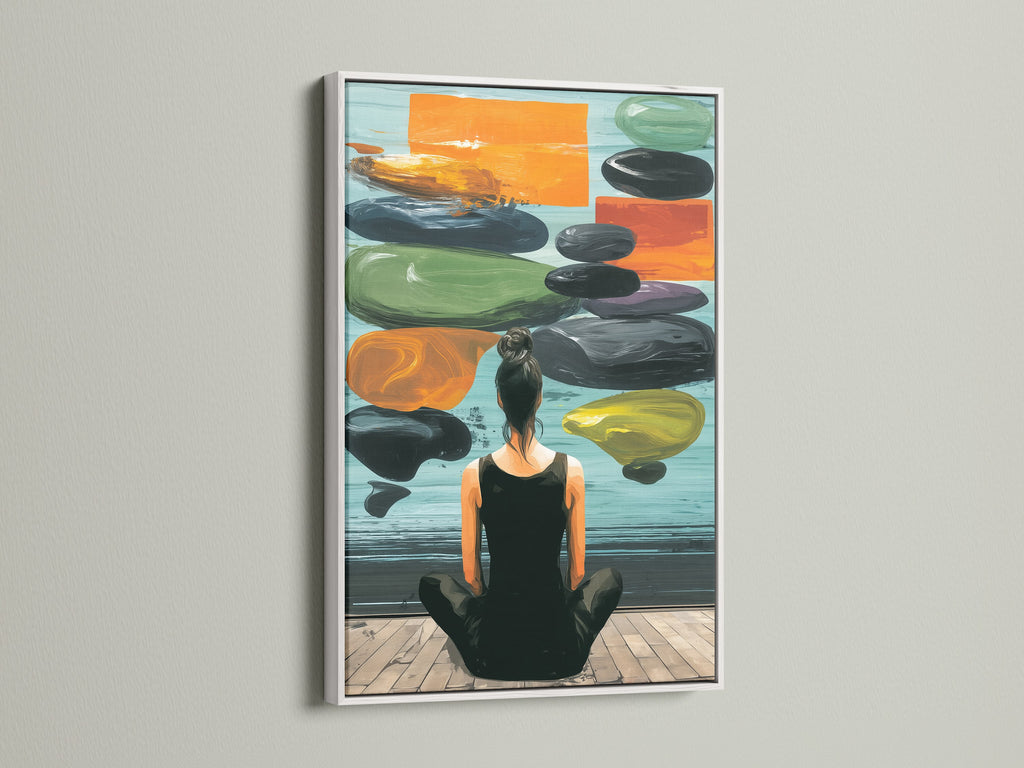 Zen Wall Art in a white frame is displayed on a white wall. This artwork features a woman meditating. This artwork creates a peaceful atmosphere. It's ideal for those seeking calming artwork.