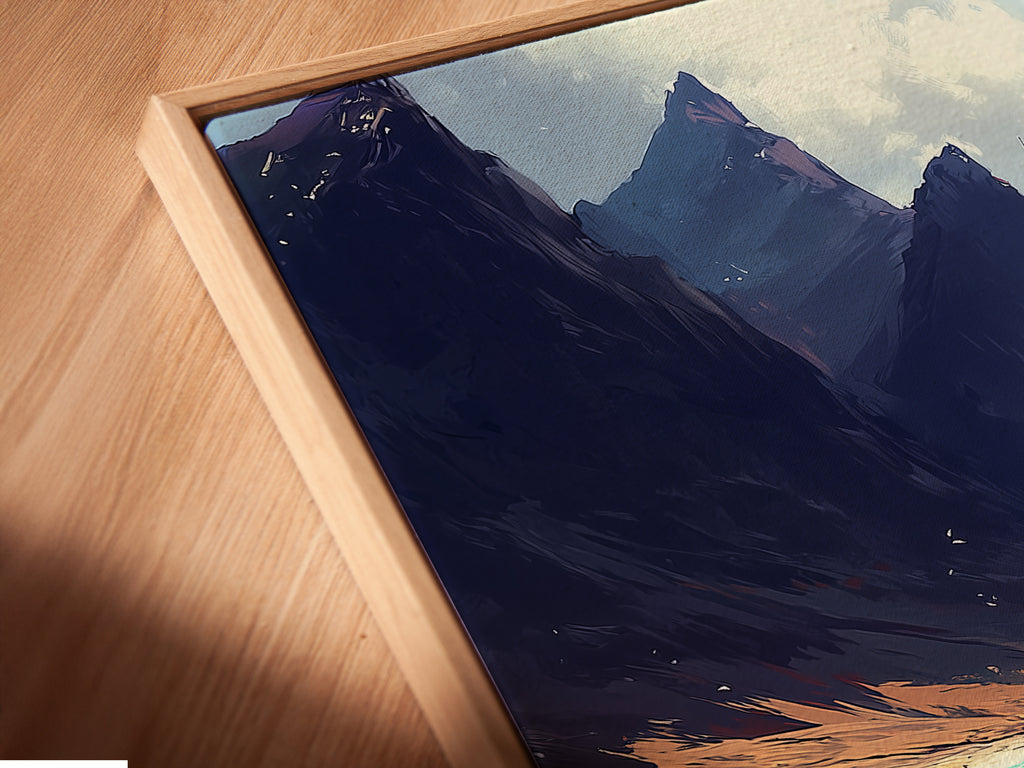 Angled close-up of a canvas print in a floating frame. The sailboat art features a coastal print. Teal and beige nautical artwork enhances office wall decor. Discover elevated coastal wall art. Perfect for minimalist styles.