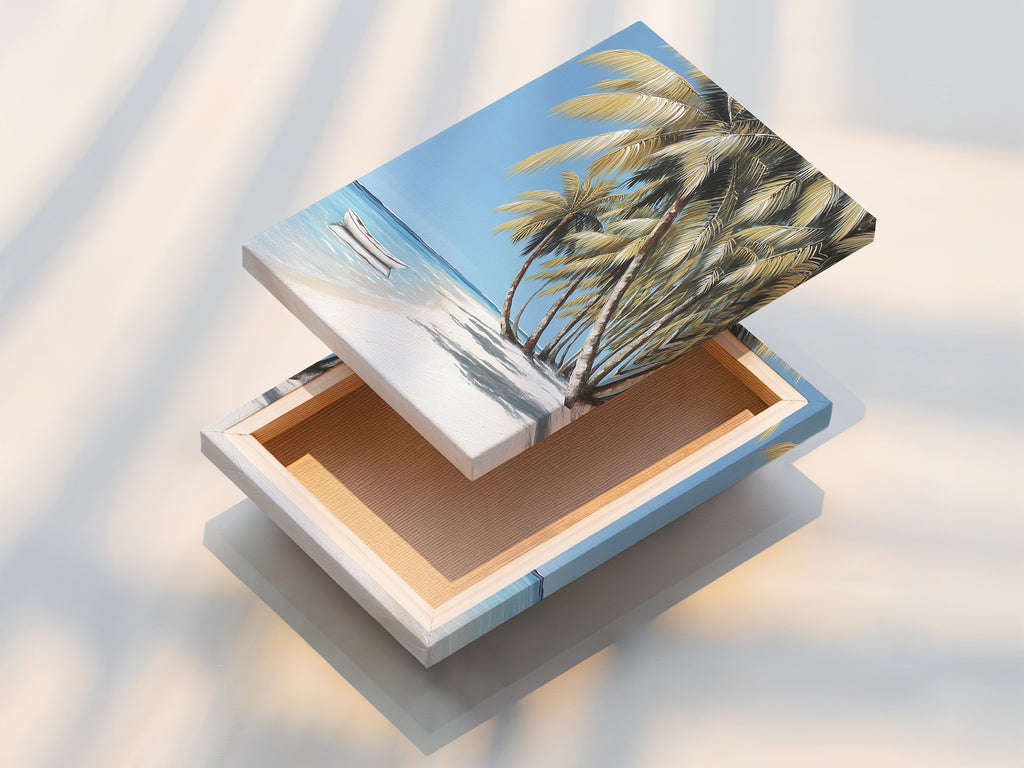 Stretched canvas print featuring a tropical beach. The canvas shows palm trees on a white sand beach with a boat in the water. Ready to hang this stretched canvas print brings a serene coastal vibe to your home or office.