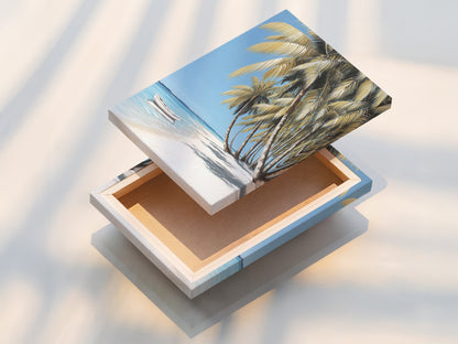 Stretched canvas print featuring a tropical beach. The canvas shows palm trees on a white sand beach with a boat in the water. Ready to hang this stretched canvas print brings a serene coastal vibe to your home or office.