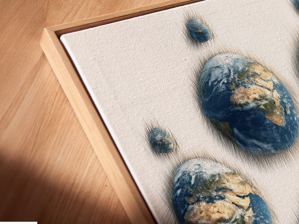 Angled close-up reveals a canvas print in a floating frame. This modern framing style enhances the artwork. The art shows a paw print made of Earths. The floating frame creates a sleek and contemporary look. This print is perfect for adding a touch of sophistication to any room.