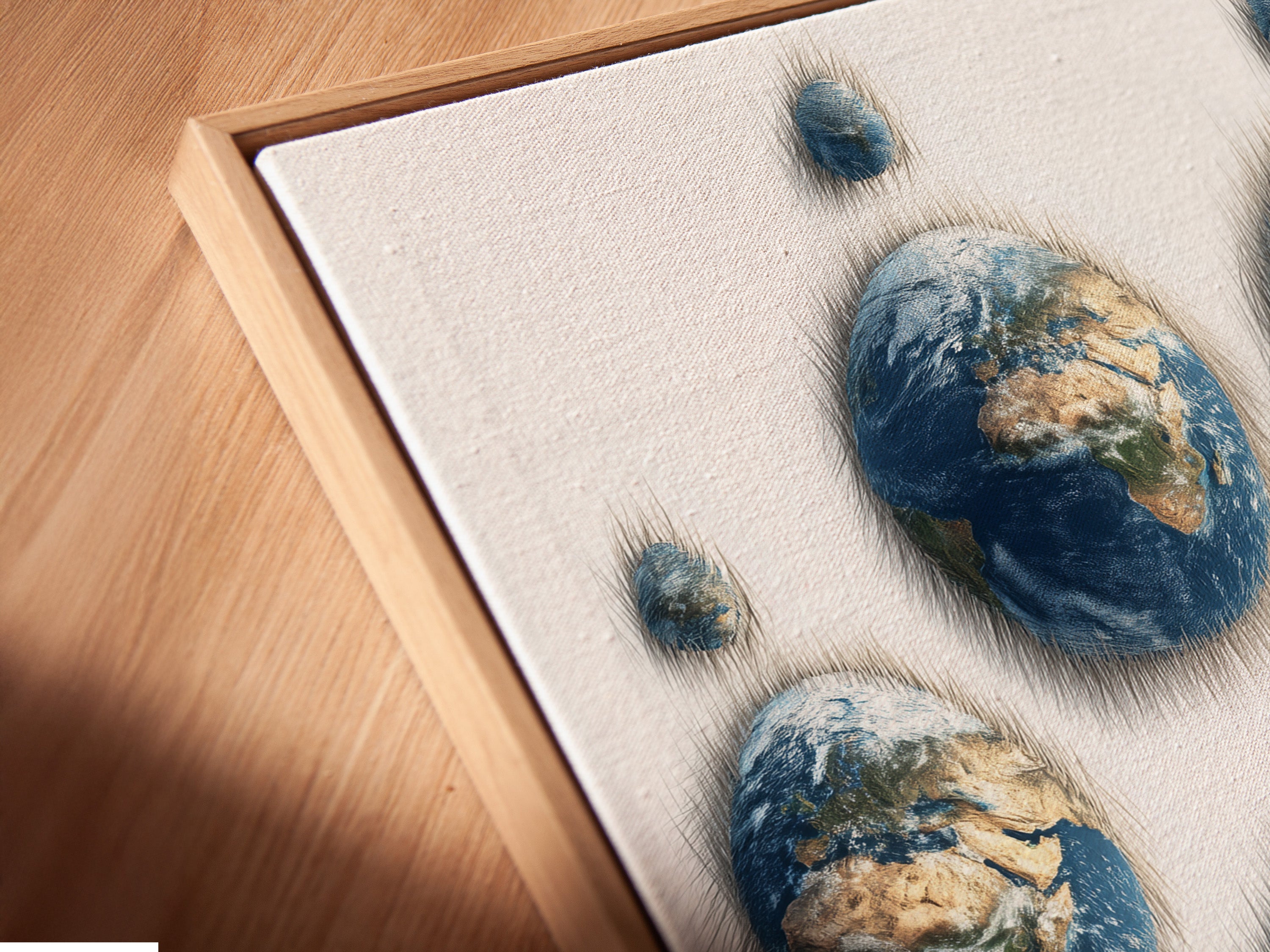 Angled close-up reveals a canvas print in a floating frame. This modern framing style enhances the artwork. The art shows a paw print made of Earths. The floating frame creates a sleek and contemporary look. This print is perfect for adding a touch of sophistication to any room.