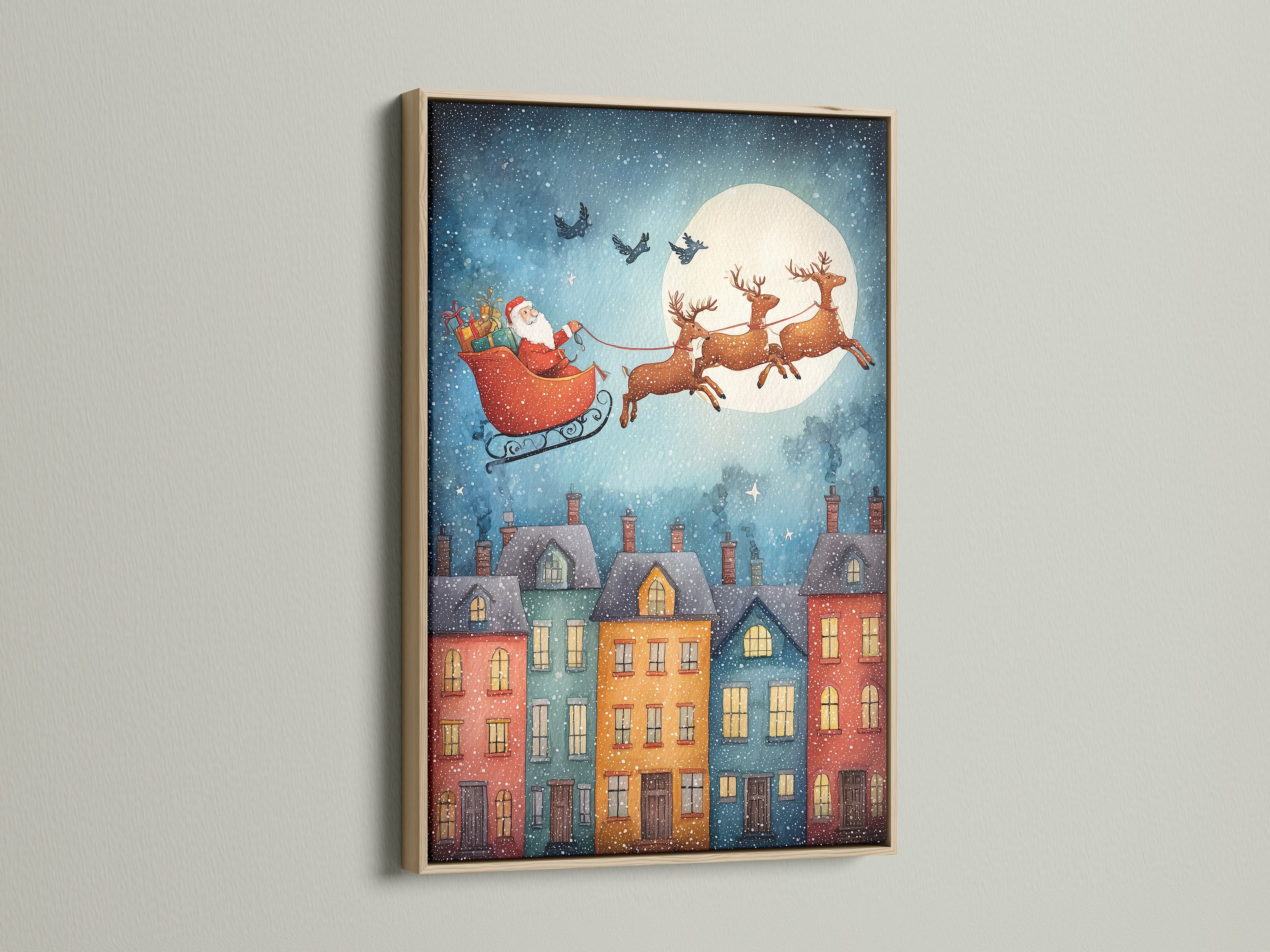 A close-up of an oak frame is shown. The oak frame enhances the artwork. This frame provides a natural touch to the Christmas print. Oak complements winter town scenes. It is ideal for kids room decor. Consider this for your holiday canvas art. Oak matches coastal and scandinavian decor.