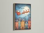 A charming oak framed canvas print of Santa's Christmas Eve flight. Reindeer pull Santa over a quaint town in this holiday wall decor. The oak frame adds warmth to the festive winter artwork. Ideal for family rooms studios or nurseries.